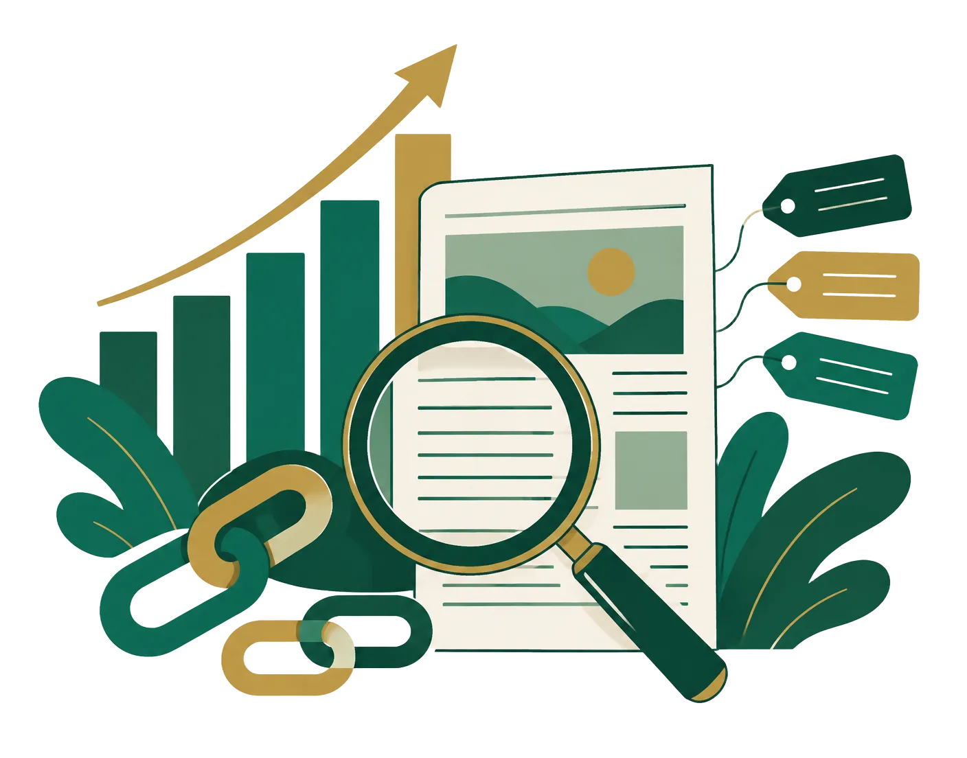 A magnifying glass over a news page beside a rising bar chart, link chain, and keyword tags