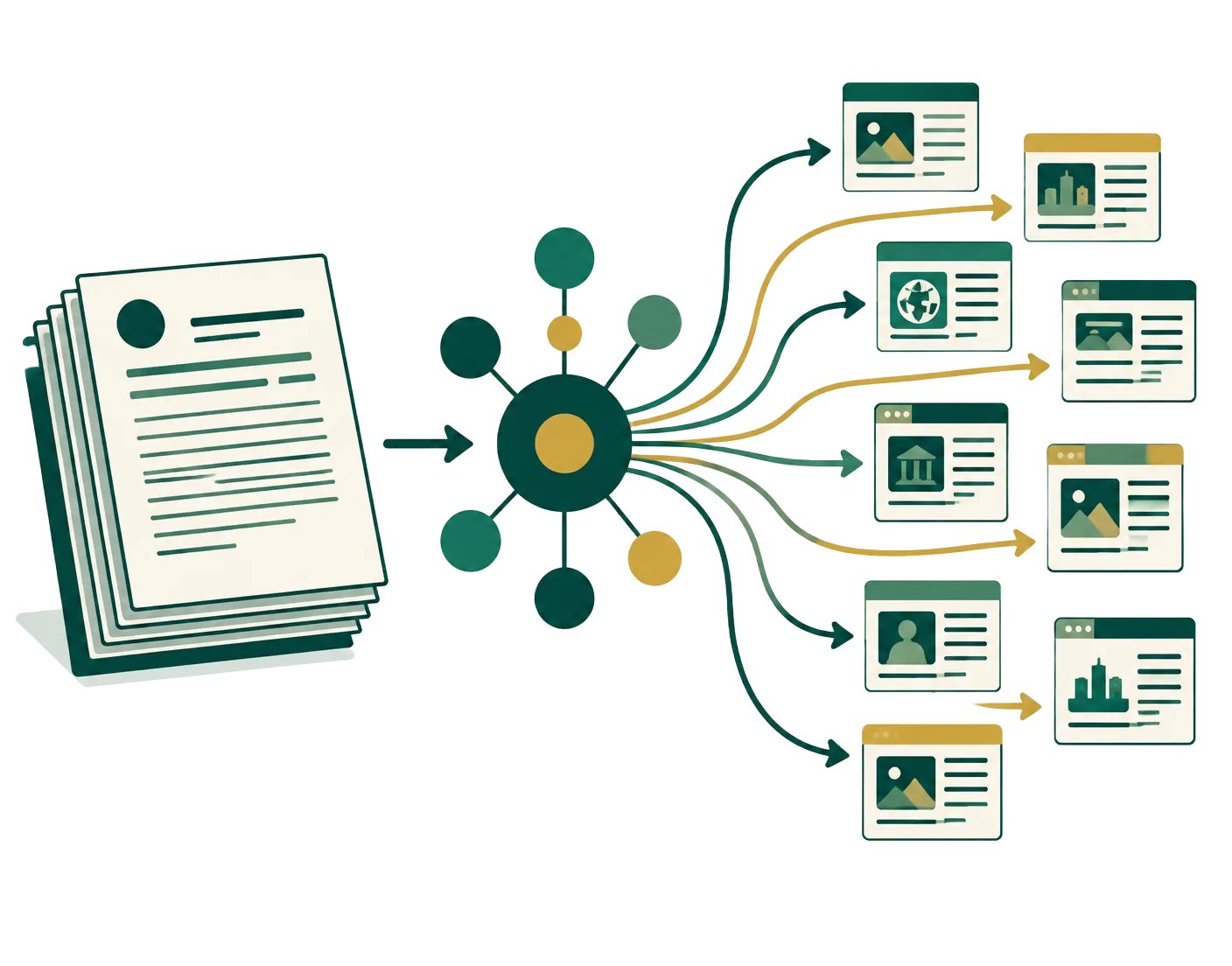A press release document routed through a network into many news outlet cards